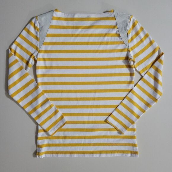 J.Crew Women's Crewneck Yellow Stripe Suede Shoulder Long Sleeve Pullover Top - Picture 14 of 16